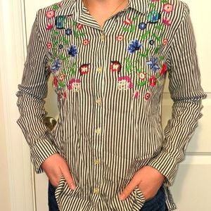 Button up embroidered floral striped shirt